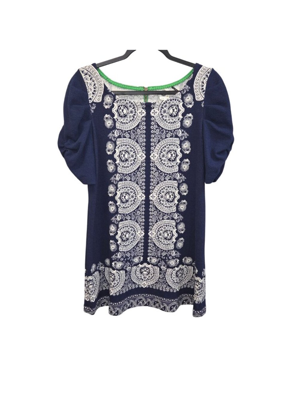 Akemi + Kin Small Navy White Paisley Short Sleeve Tunic Dress Green Trim 4589
